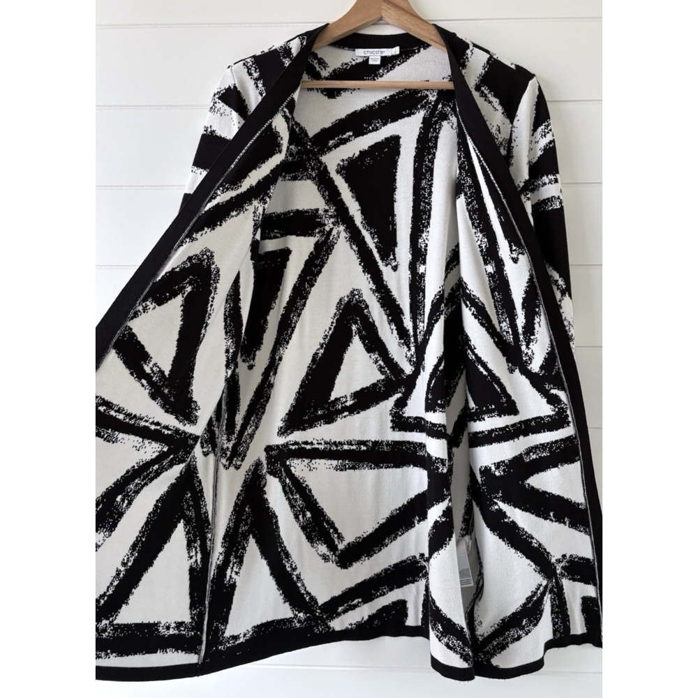 Chicos Black White Abstract Open Front Cardigan Longline Sweater Bold Artsy M - Picture 6 of 15